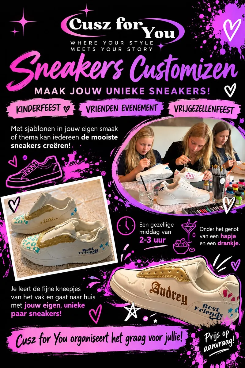 Flyer workshop sneakers customizen voor kinderfeest, vrienden en vrijgezellenfeest