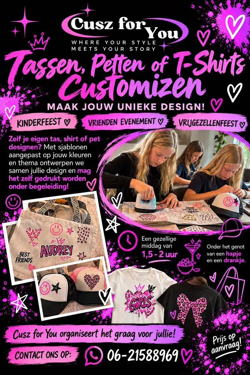 Flyer workshop tassen, petten of T-shirts customizen