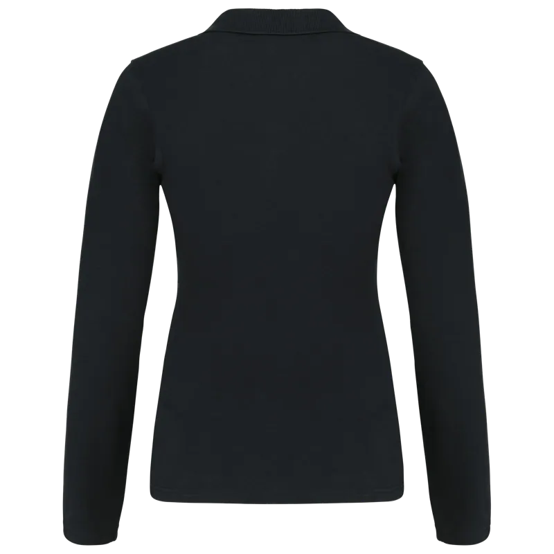 Piqué-damespolo lange mouwen in Black, achterkant