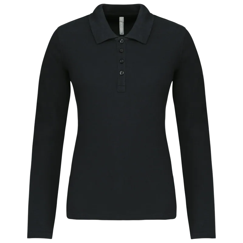 Piqué-damespolo lange mouwen in Black