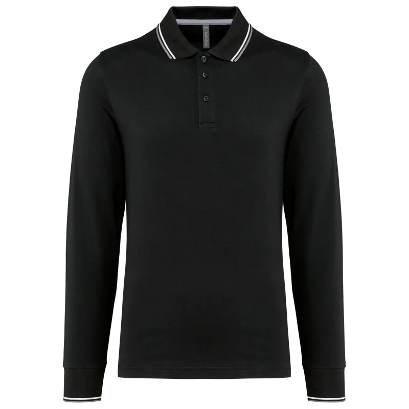 Heren polo van piquétricot met lange mouwen in Black / Light Grey / White