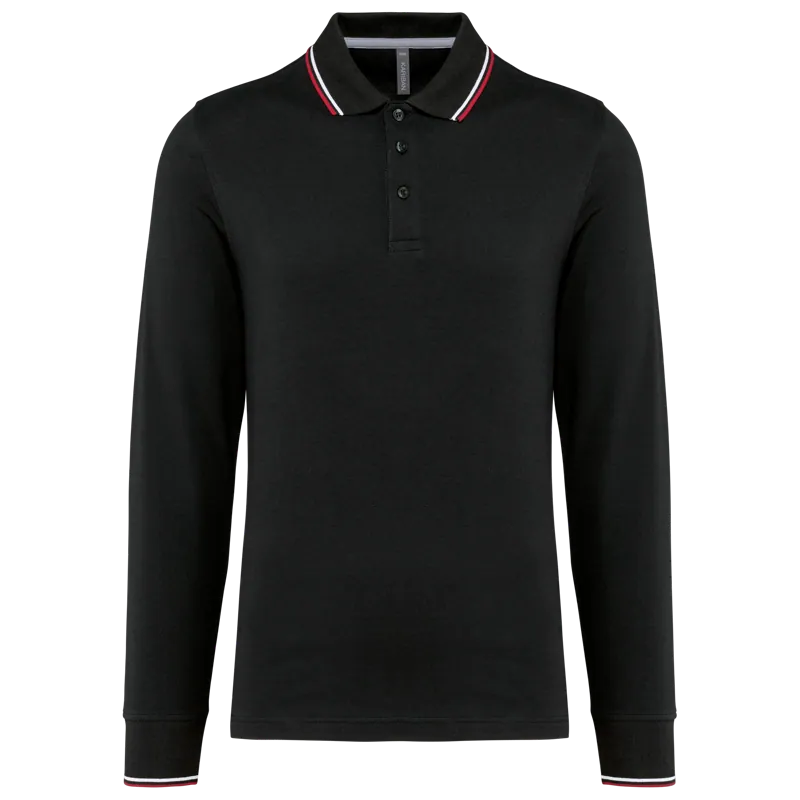 Heren polo van piquétricot met lange mouwen in Black / Red / White