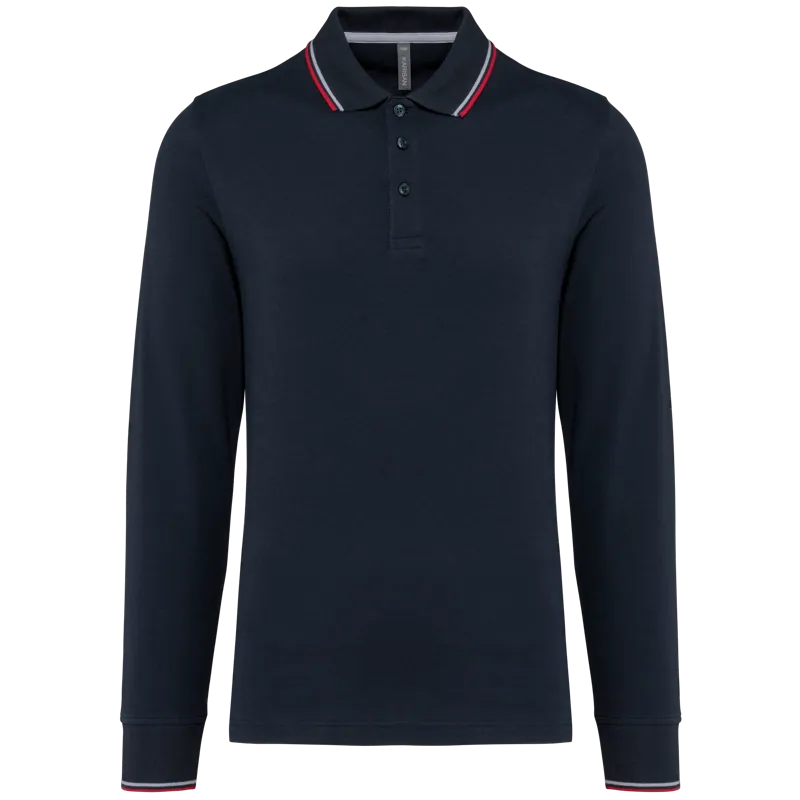 Heren polo van piquétricot met lange mouwen in Navy / Red / White