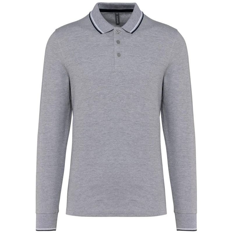 Heren polo van piquétricot met lange mouwen in Oxford Grey / Navy / White