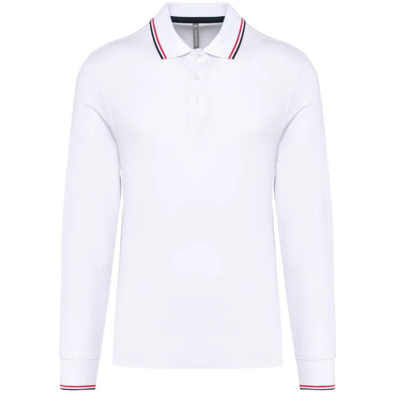 Heren polo van piquétricot met lange mouwen in White / Navy / Red