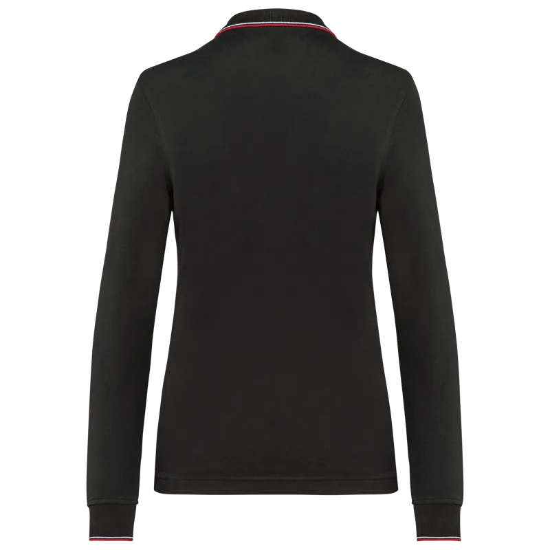 Dames polo van piquétricot met lange mouwen in Black / Red / White, achterkant