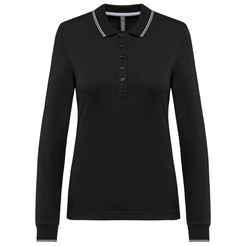 Dames polo van piquétricot met lange mouwen in Black / Light Grey / White