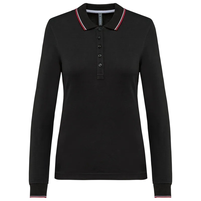 Dames polo van piquétricot met lange mouwen in Black / Red / White