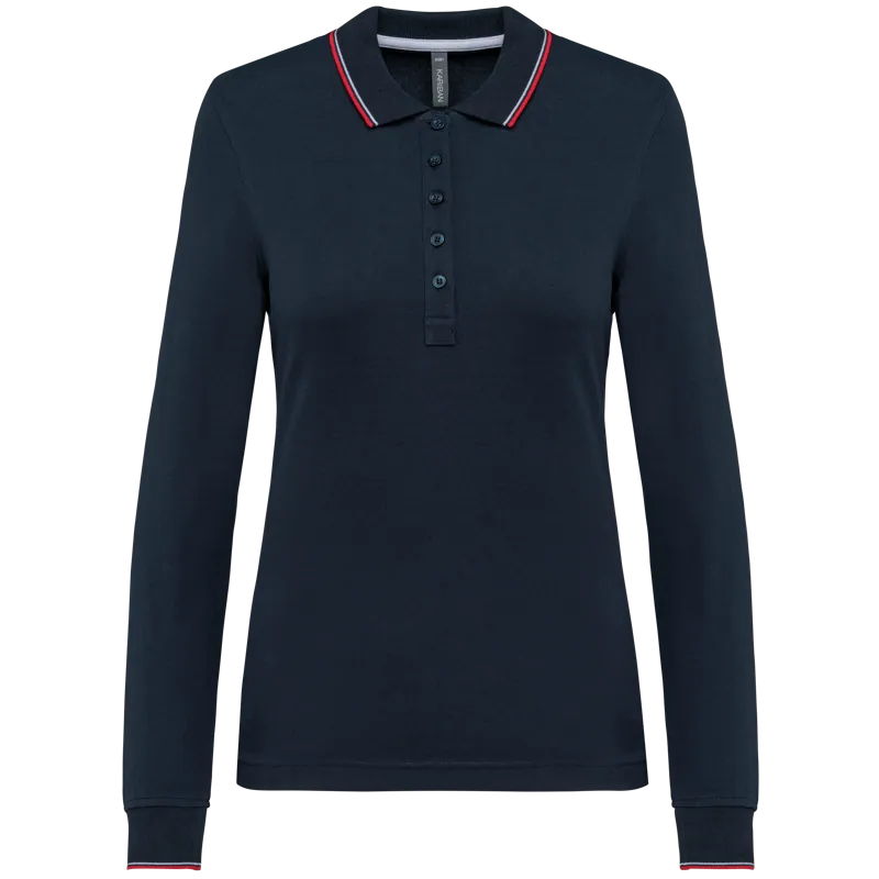 Dames polo van piquétricot met lange mouwen in Navy / Red / White