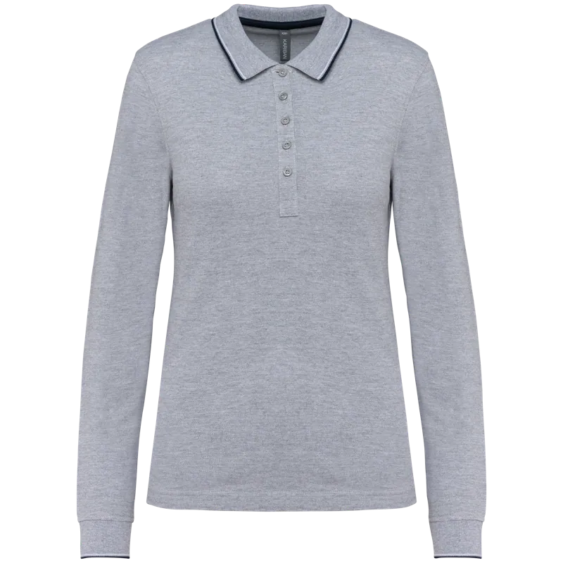 Dames polo van piquétricot met lange mouwen in Oxford Grey / Navy / White