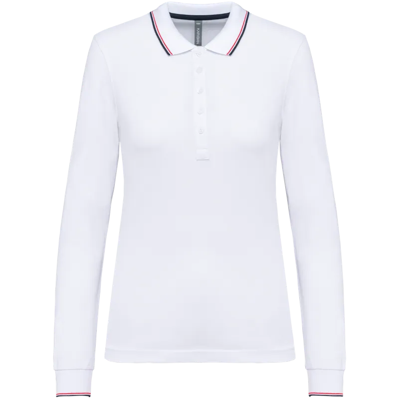 Dames polo van piquétricot met lange mouwen in White / Navy / Red