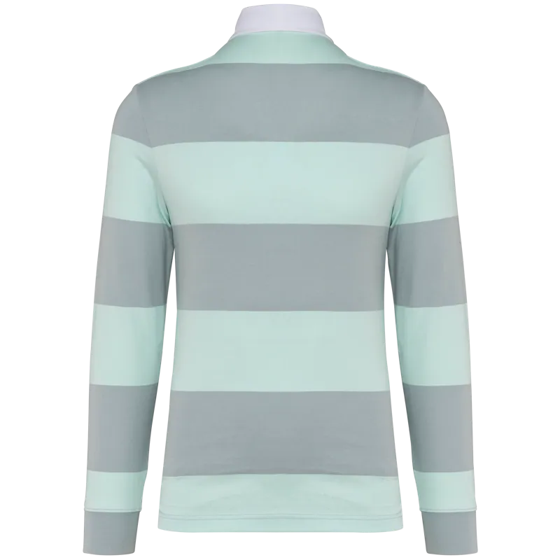 Gestreepte uniseks polo lange mouwen in Light Grey / Ice Mint Stripes, achterkant