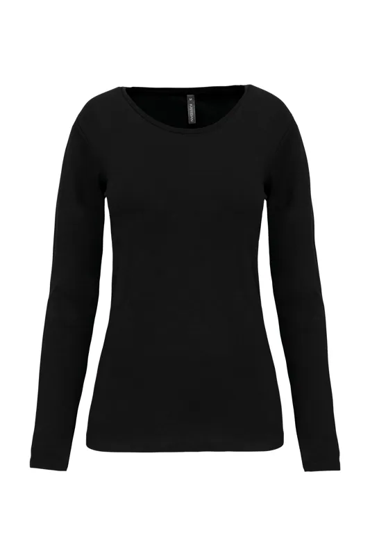 Dames-T-shirt ronde hals lange mouwen in Black