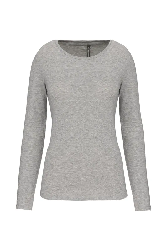 Dames-T-shirt ronde hals lange mouwen in Light grey heather