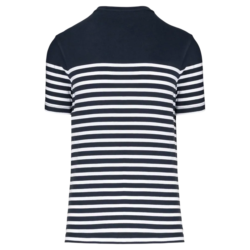 Marine-T-shirt ronde hals Bio heren in Navy / White Stripes, achterkant
