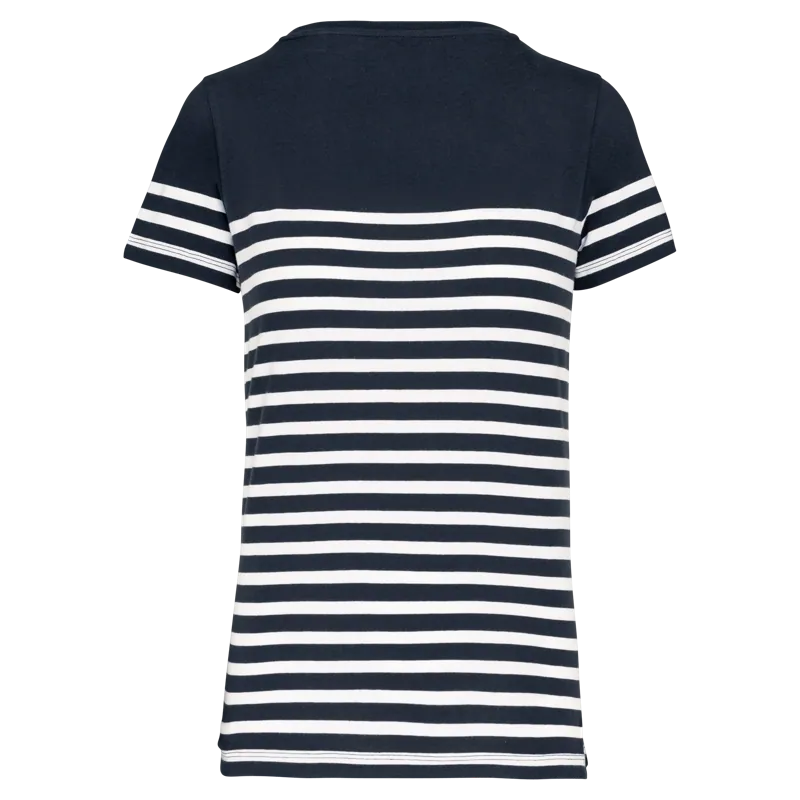 Marine-T-shirt ronde hals Bio dames in Navy / White Stripes, achterkant