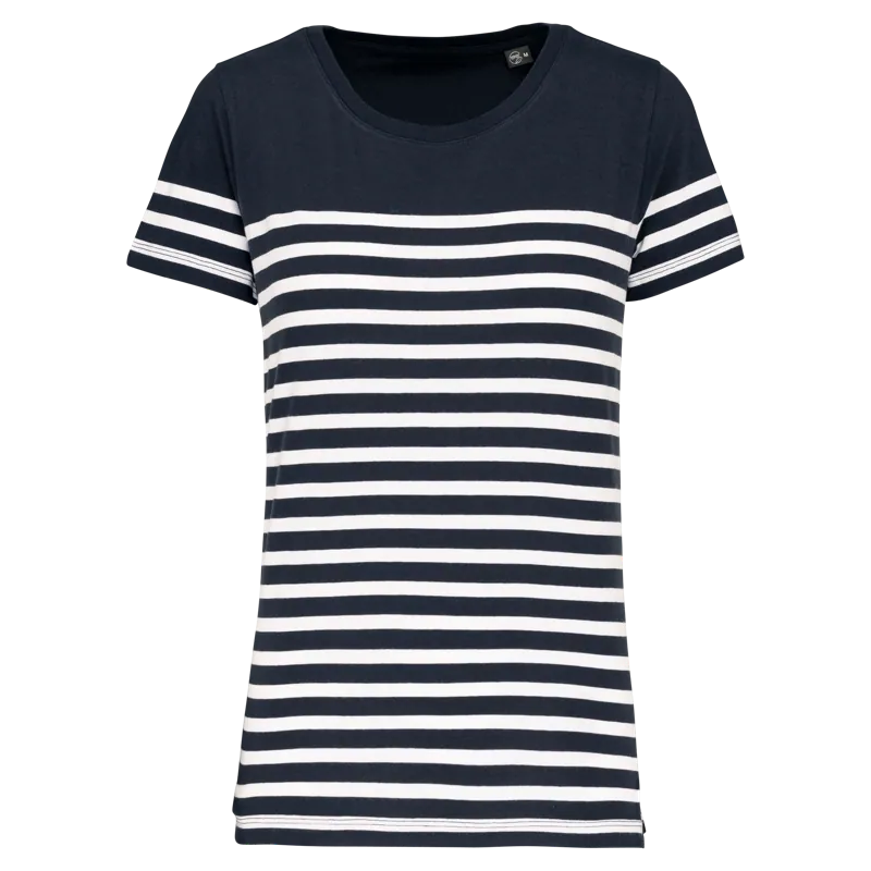 Marine-T-shirt ronde hals Bio dames in Navy / White Stripes