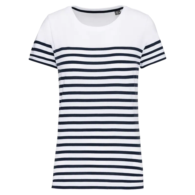 Marine-T-shirt ronde hals Bio dames in White / Navy Stripes
