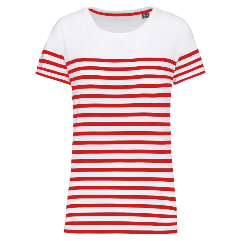 Marine-T-shirt ronde hals Bio dames in White / Red Stripe