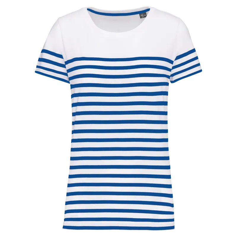 Marine-T-shirt ronde hals Bio dames in White / Royal Blue Stripe