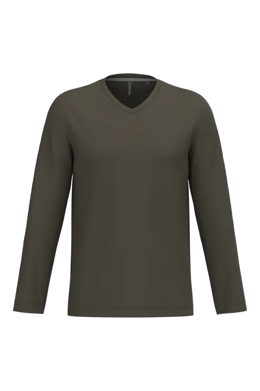T-shirt V-hals lange mouwen in Dark Khaki