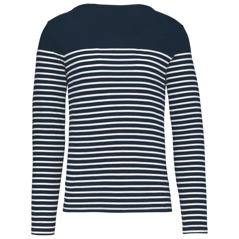 Gestreept heren-T-shirt lange mouwen in Navy / White Stripes, achterkant