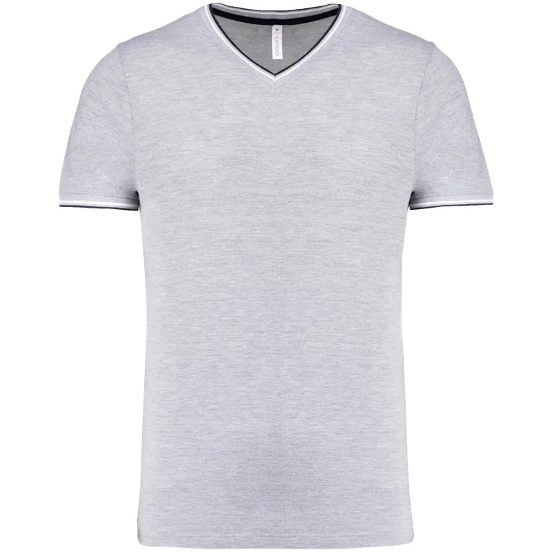 Heren-T-shirt piqué V-hals in Oxford Grey / Navy / White