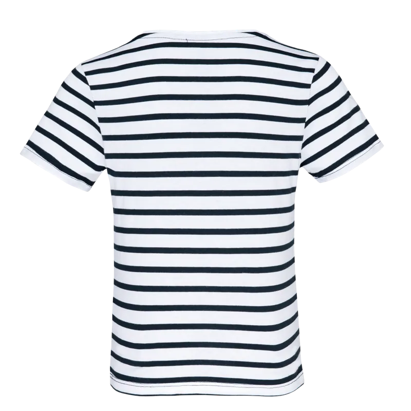 Gestreept T-shirt met borstzakje kids in White / Navy Stripes, achterkant