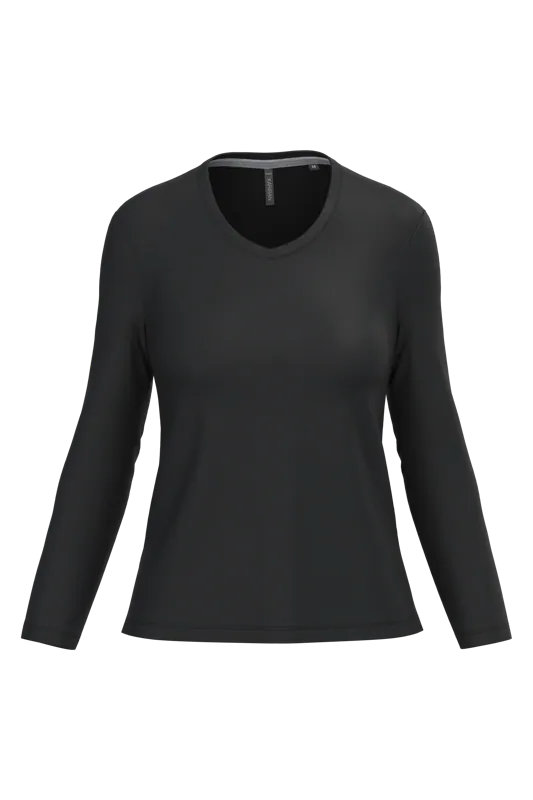 Dames T-shirt V-hals lange mouwen in Black