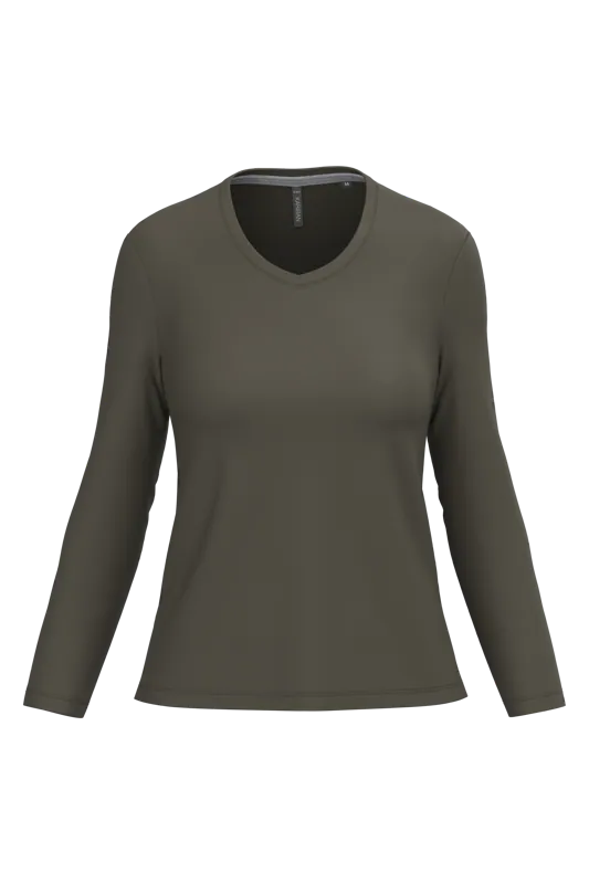 Dames T-shirt V-hals lange mouwen in Dark Khaki