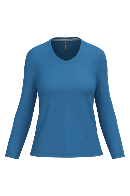 Dames T-shirt V-hals lange mouwen in Light Royal Blue