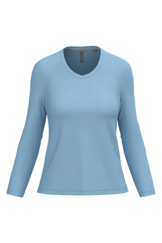 Dames T-shirt V-hals lange mouwen in Sky Blue