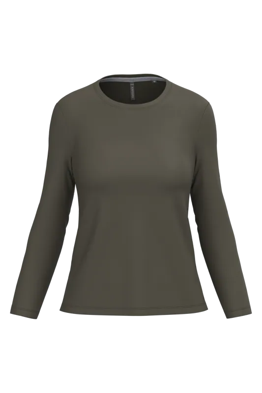 Dames T-shirt ronde hals lange mouwen in Dark Khaki