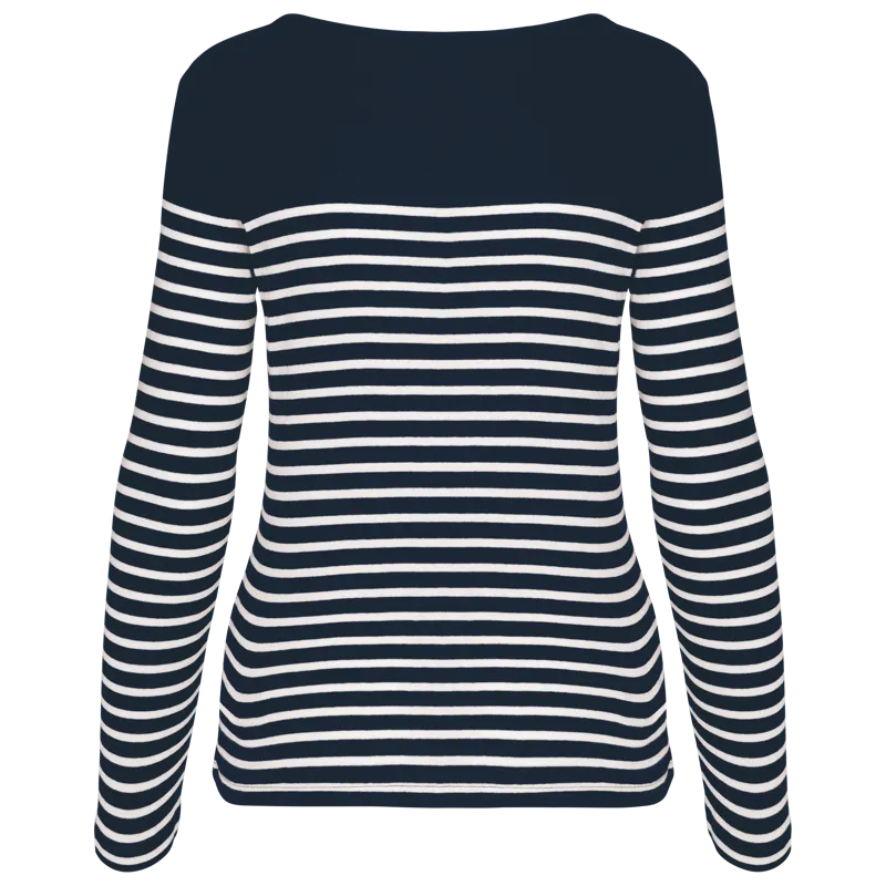 Gestreept dames-T-shirt lange mouwen in Navy / White Stripes, achterkant