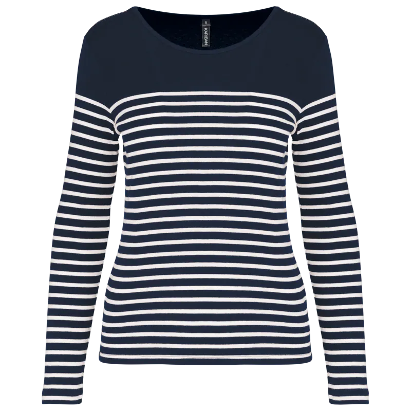 Gestreept dames-T-shirt lange mouwen in Navy / White Stripes