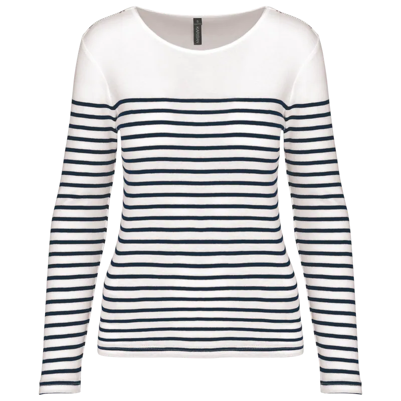 Gestreept dames-T-shirt lange mouwen in White / Navy Stripes