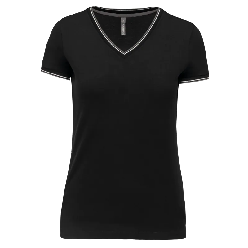 Dames-T-shirt piqué V-hals in Black / Light Grey / White