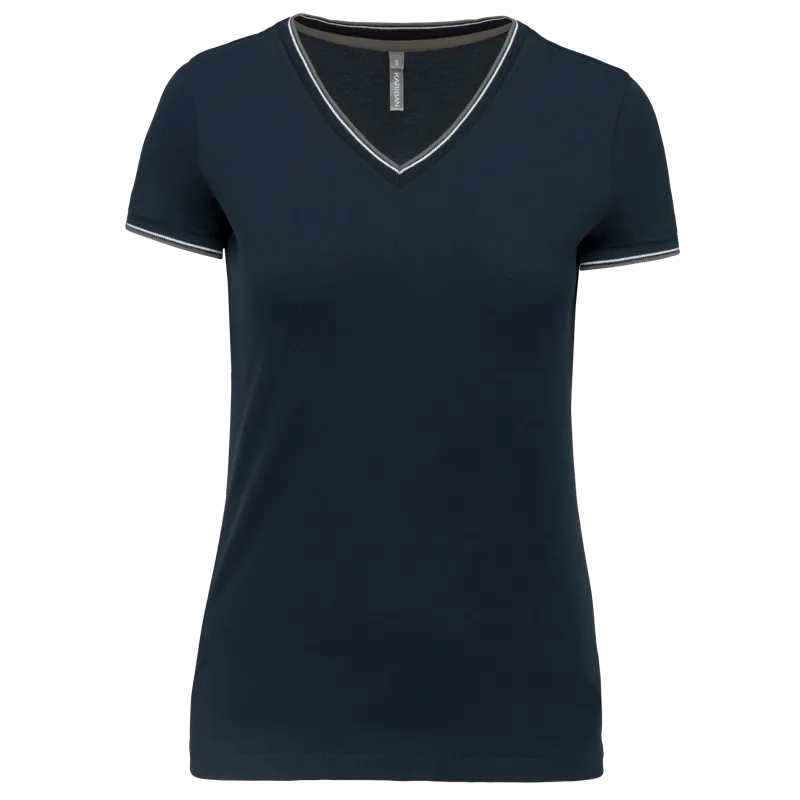 Dames-T-shirt piqué V-hals in Navy / Light Grey / White