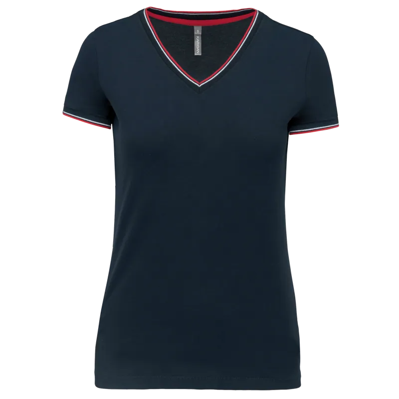 Dames-T-shirt piqué V-hals in Navy / Red / White
