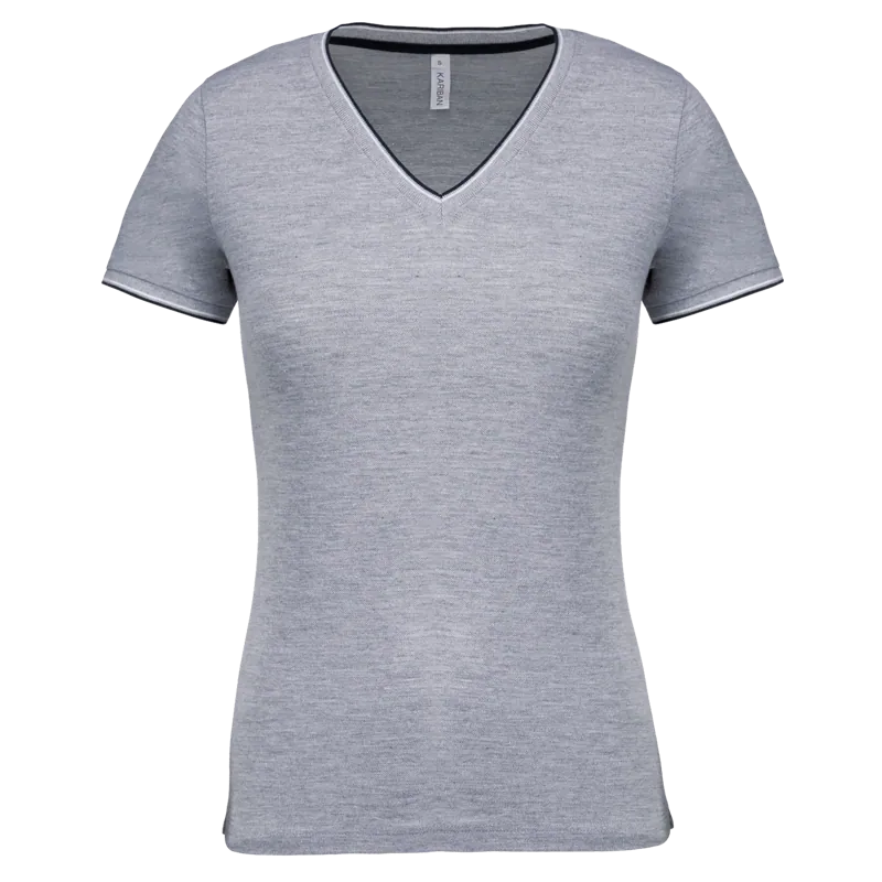 Dames-T-shirt piqué V-hals in Oxford Grey / Navy / White