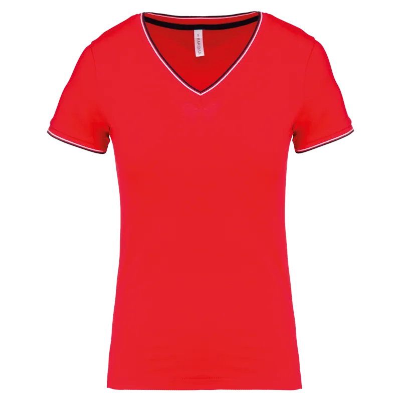 Dames-T-shirt piqué V-hals in Red / Navy / White