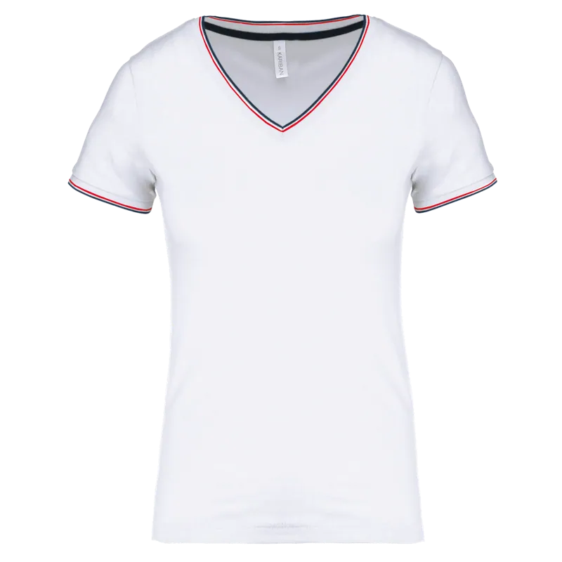 Dames-T-shirt piqué V-hals in White / Navy / Red