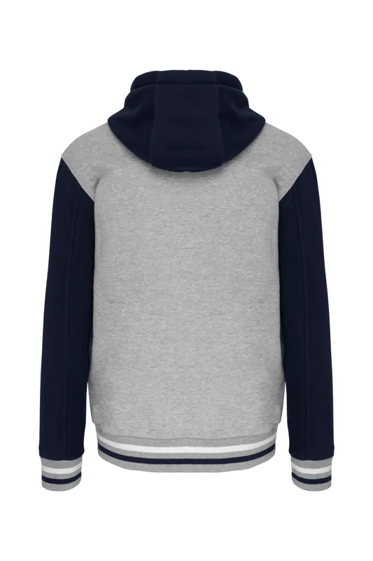 College jacket met capuchon unisex in Oxford Grey / Navy / White, achterkant