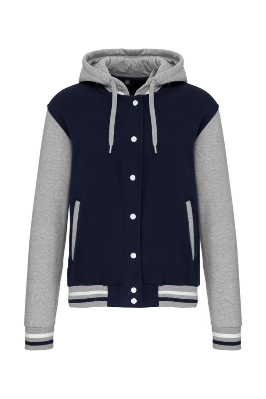 College jacket met capuchon unisex in Navy / Oxford Grey / White