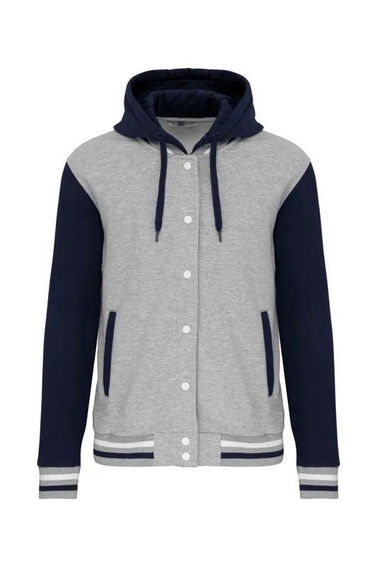 College jacket met capuchon unisex in Oxford Grey / Navy / White