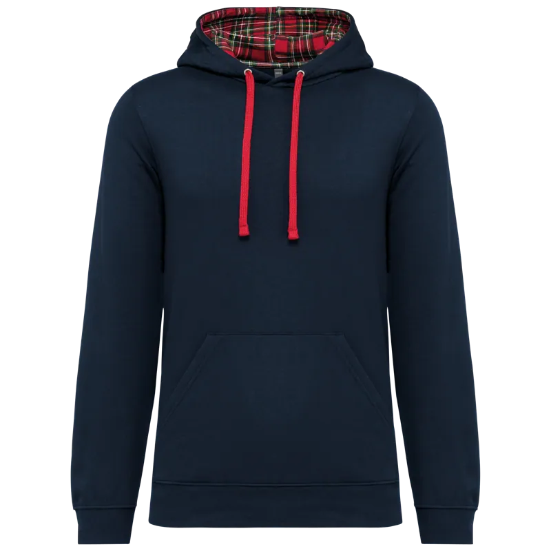 Unisex sweater met capuchon met contrasterend motief in Navy / Red Tartan