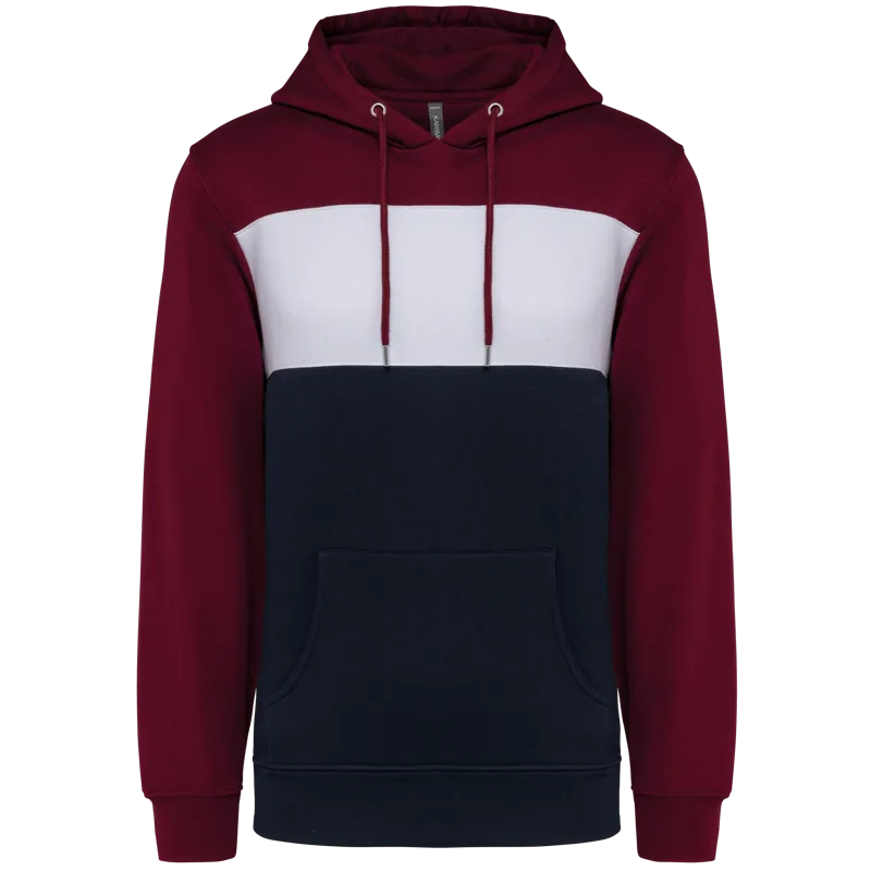 Driekleurige unisex sweater met capuchon in Wine / White / Navy