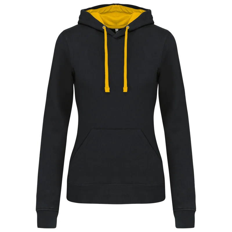 Damessweater met capuchon in contrasterende kleur in Black / Yellow