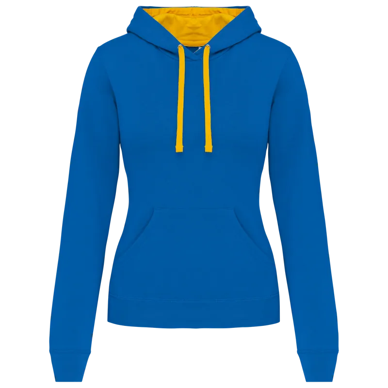 Damessweater met capuchon in contrasterende kleur in Light Royal Blue / Yellow