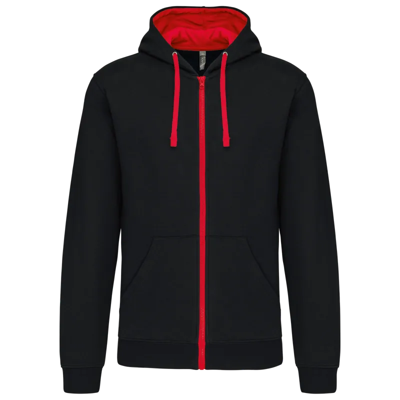 Herensweater met rits en capuchon in contrasterende kleur in Black / Red